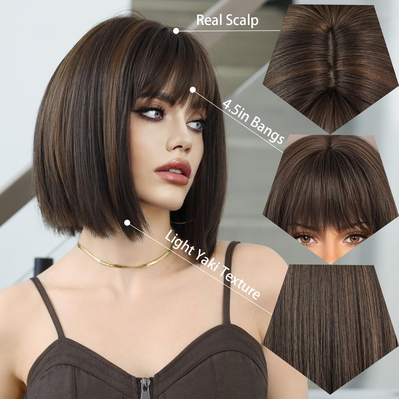 ?JEN B BROWN & BLONDE STRAIGHT BOB  WIG Allbell Brown Bob Wig with Blonde Highlights - Short  main image 2