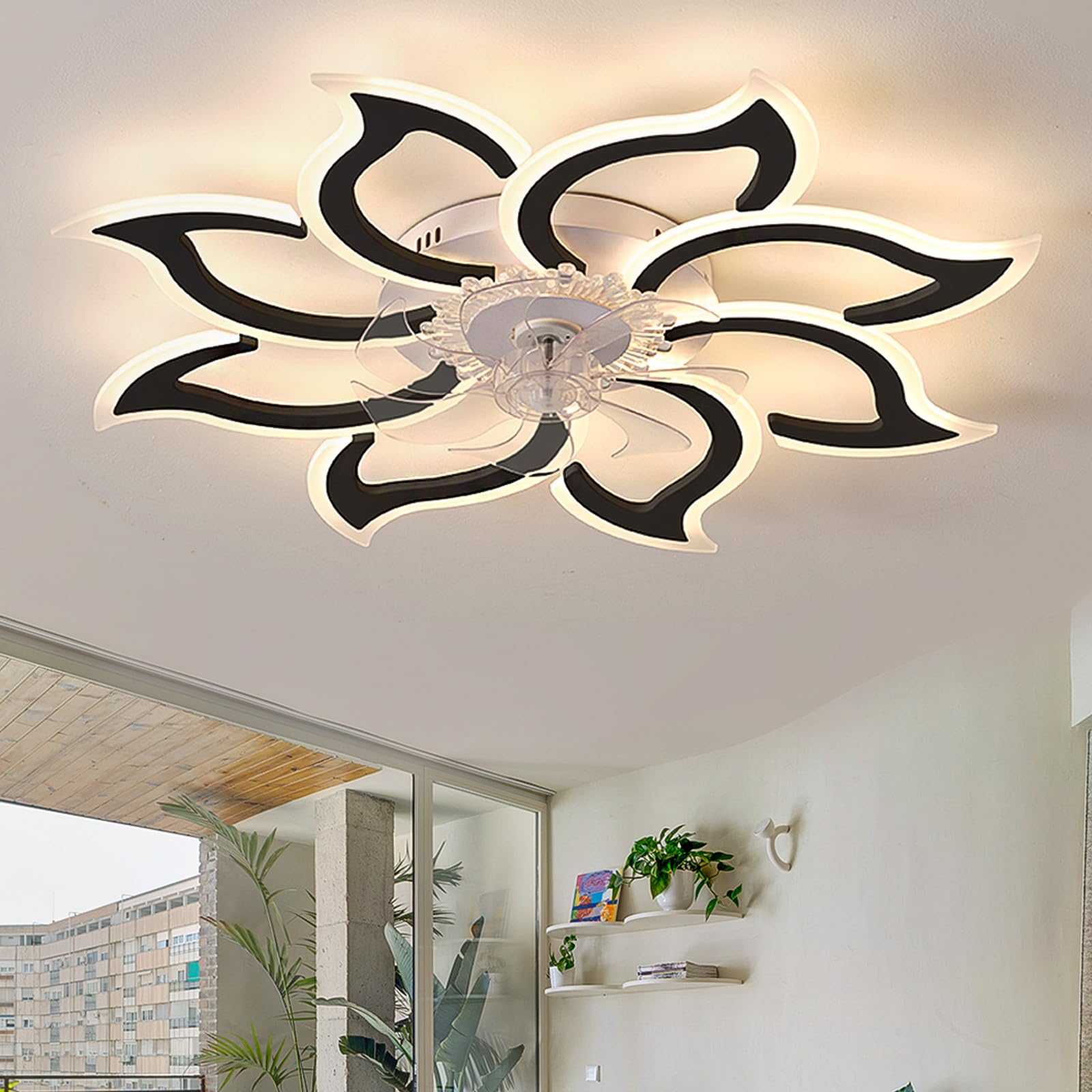 Caufloce Living Room Ceiling Fans with Lights Reversible, Dimmable Ceiling Fan Chandelier APP, Modern Light with Fan Remote Control Timer 6 Speed Flower for Bedroom Lounge-Black