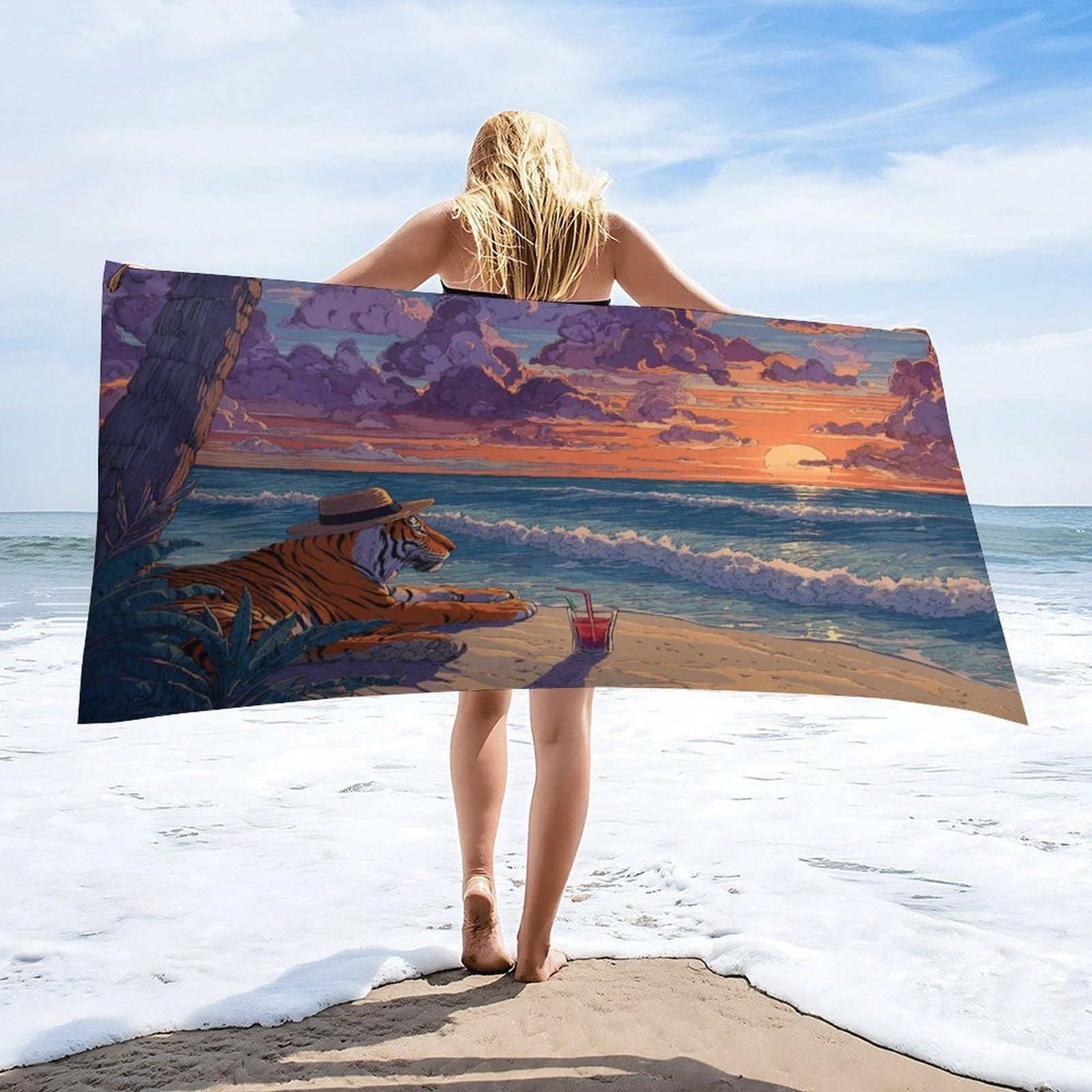 Luyysky Cool Funny Animal Tiger Absorbent Beach Towel, Realistic Oil Painting Sunset Beach Tropical Plant Palm Tree Outdoor Single-Sided Velvet Beach Towel-80 W Cm X 160" L Cm