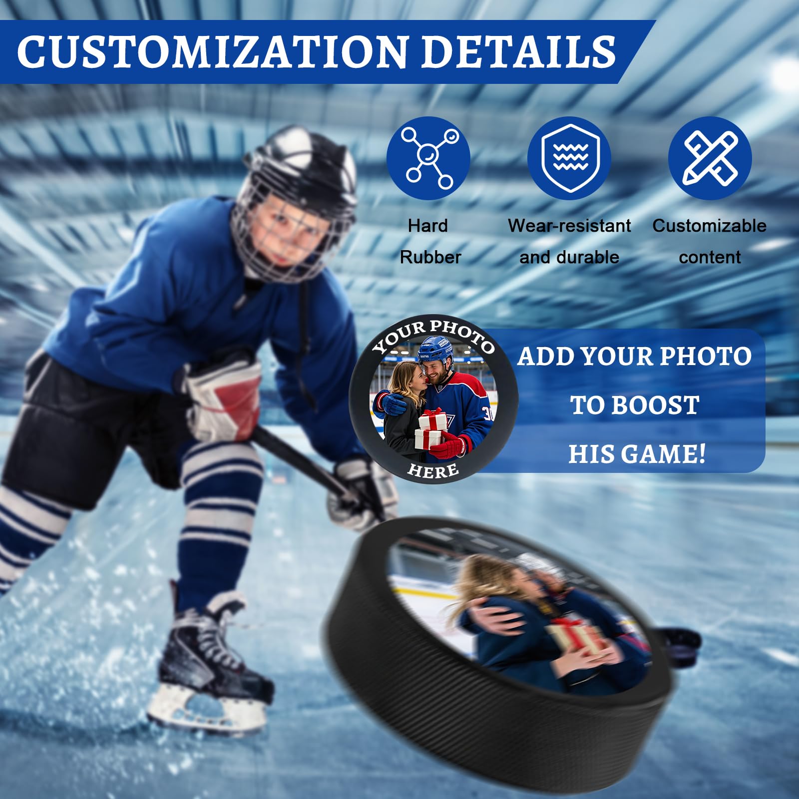 Hockey Puck Personnalisé avec Photo et Logo - Cadeau pour Fans Hommes Garçons Papa Entraîneur