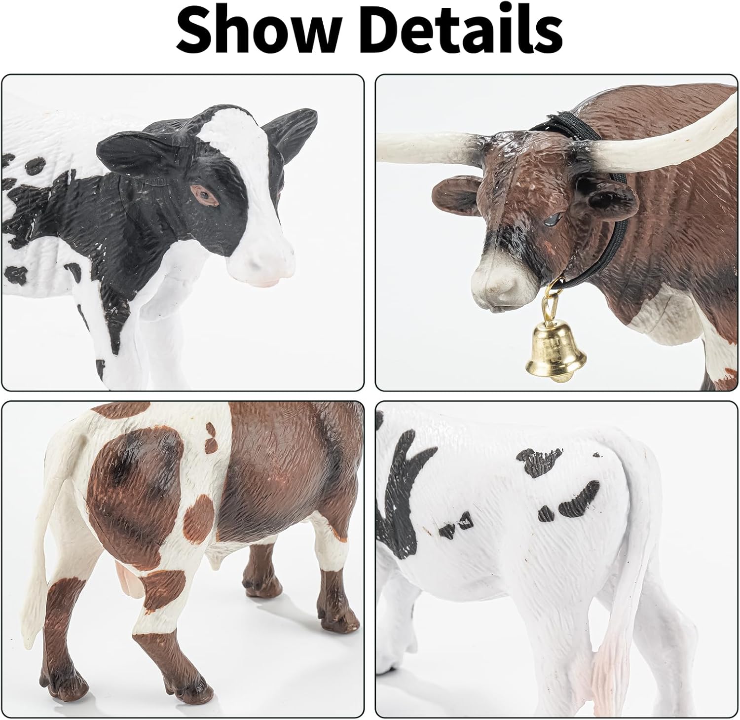 4PCS Cows Bulls Longhorn Farm Animal Figurines Toys for Kids, Plastic Cow Farm Animals Figures for Boys Girls Include White Holstein & Texas Longhorn and 2 Calfs, Cake Toppers Party Favors