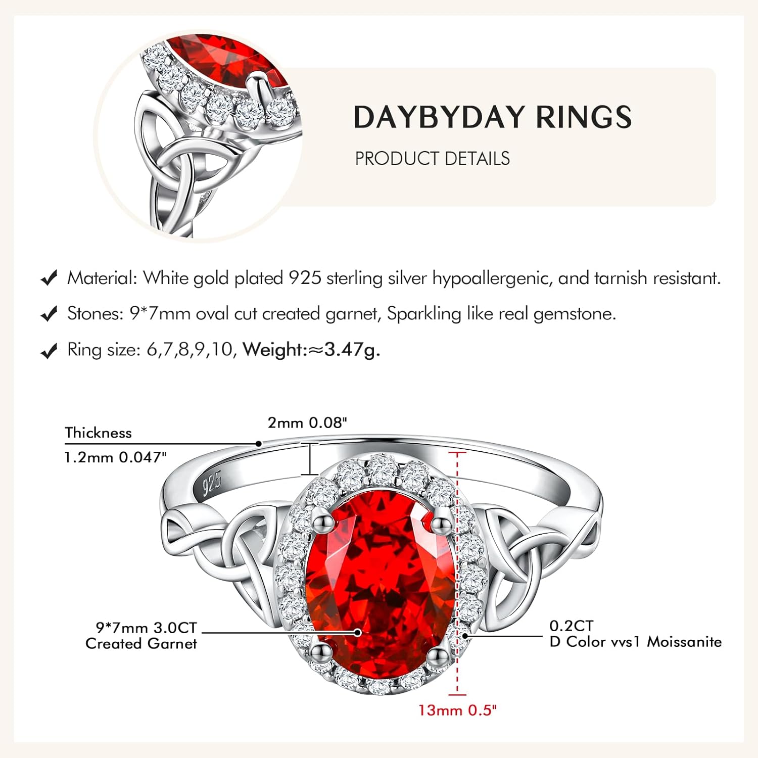 DAYBYDAY Celtic Birthstone Rings for Women 925 Sterling Silver Heart/Round/Pear/Oval Created Gemstone Moissanite Halo Engagement Promise Rings for Her Wife Birthday Anniversary Wedding Jewelry - Image 5