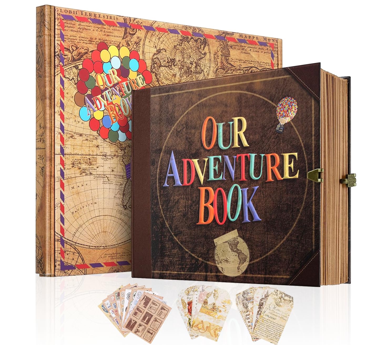 Our Adventure Book Scrapbook Photo Album 146-Page, Retro Embossed Travel Memory Book for Anniversary Wedding, Up Personalized Gifts for Couples Traveler Newlyweds (8.9 * 7.7 in) Lock Set
