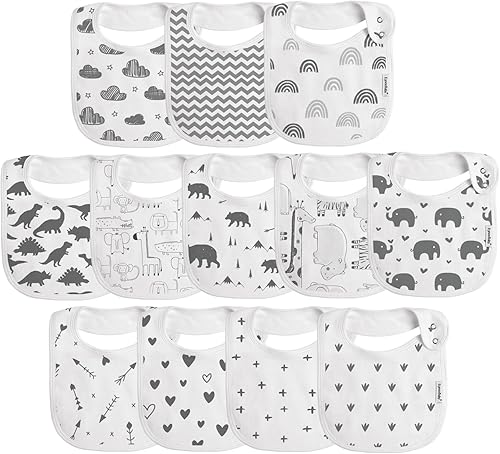 Baberos a presión para niños y niñas, paquete de 12 baberos para bebés, recién nacidos, algodón orgánico, ajustables, lavables a máquina