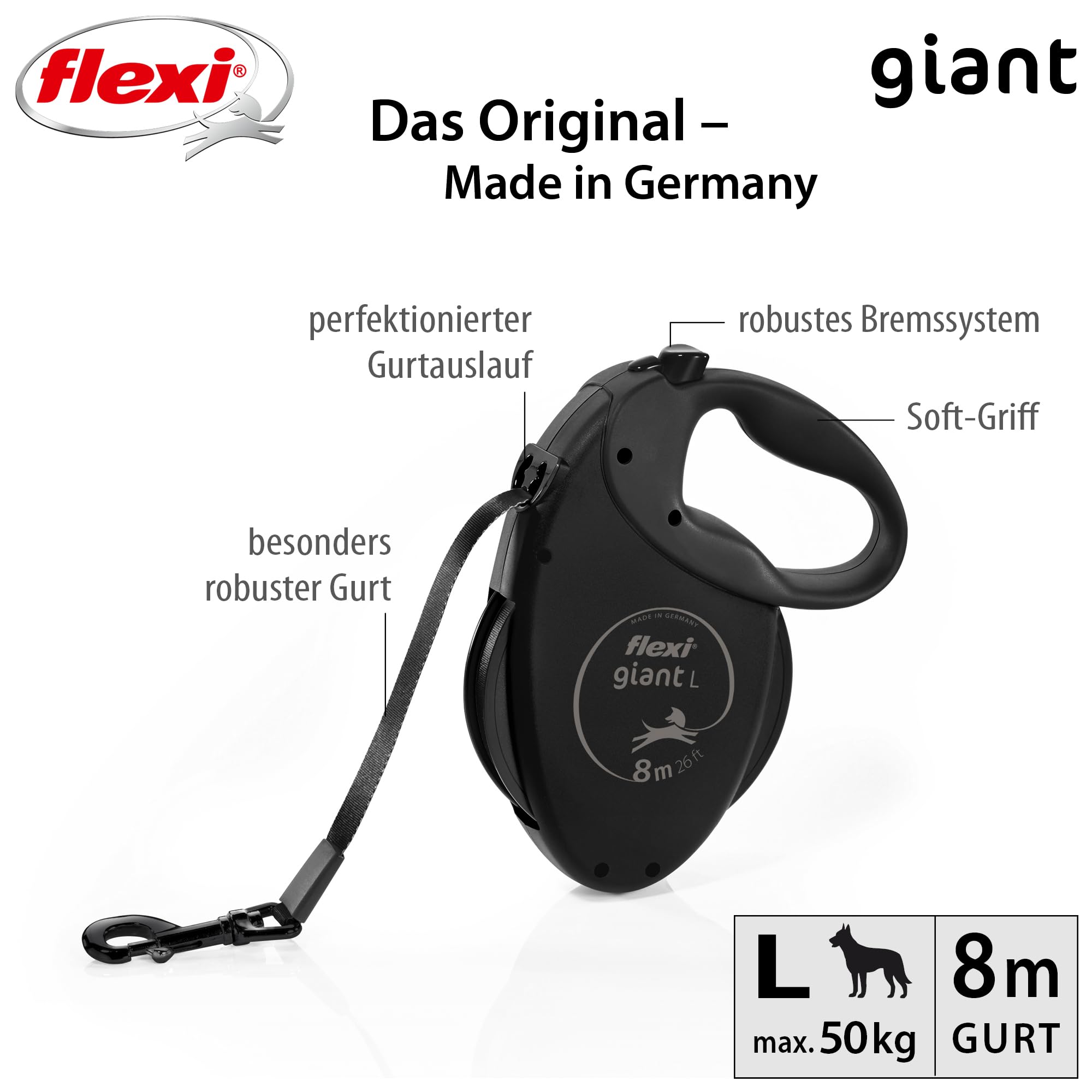 flexi® Giant Black Edition Belt 8 m Black Roll Lead for Dogs up to 50 kg, Extra Large: 8m (max. 50kg) - Image 2