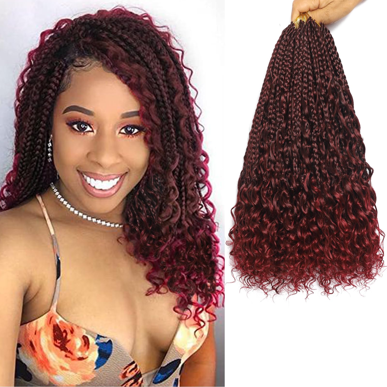Flagship 9 Packs Goddess Box Braids Crochet Hair for Black Women,14 Inch Ombre Red Pre-looped Crochet Braids with Curly Ends,Burgundy Bohemian Curly