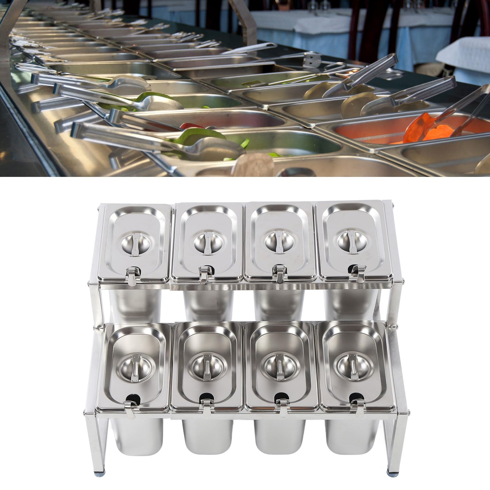 Rejilla telescópica para dispensador de condimentos, soporte para mermelada de acero inoxidable de doble capa con 8 ollas y lavabo de 1,6 L para restaurante buffet, tienda de té (1. Lavabo SHL 8ps)