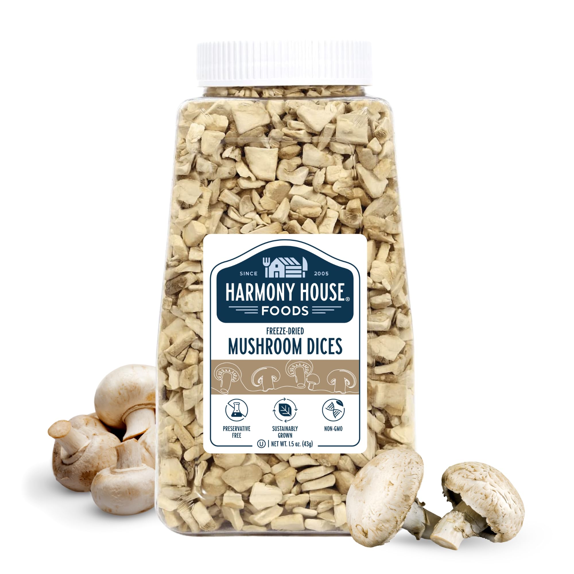 Harmony House Foods Freeze-Dried Mushroom Dices (1.5 oz, Quart Size Jar)