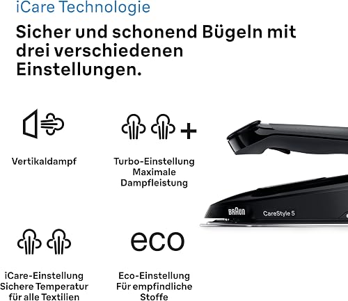 Braun Dampfbügeleisen CareStyle 5 IS5249BK mit FreeGlide 3D, 150 g/min Dampfleistung, schnelle Aufheizung, iCareMode, vertikales Bügeln, Anti-Tropf-Funktion, abnehmbarer Wassertank 2L, 2400W, Schwarz - 2