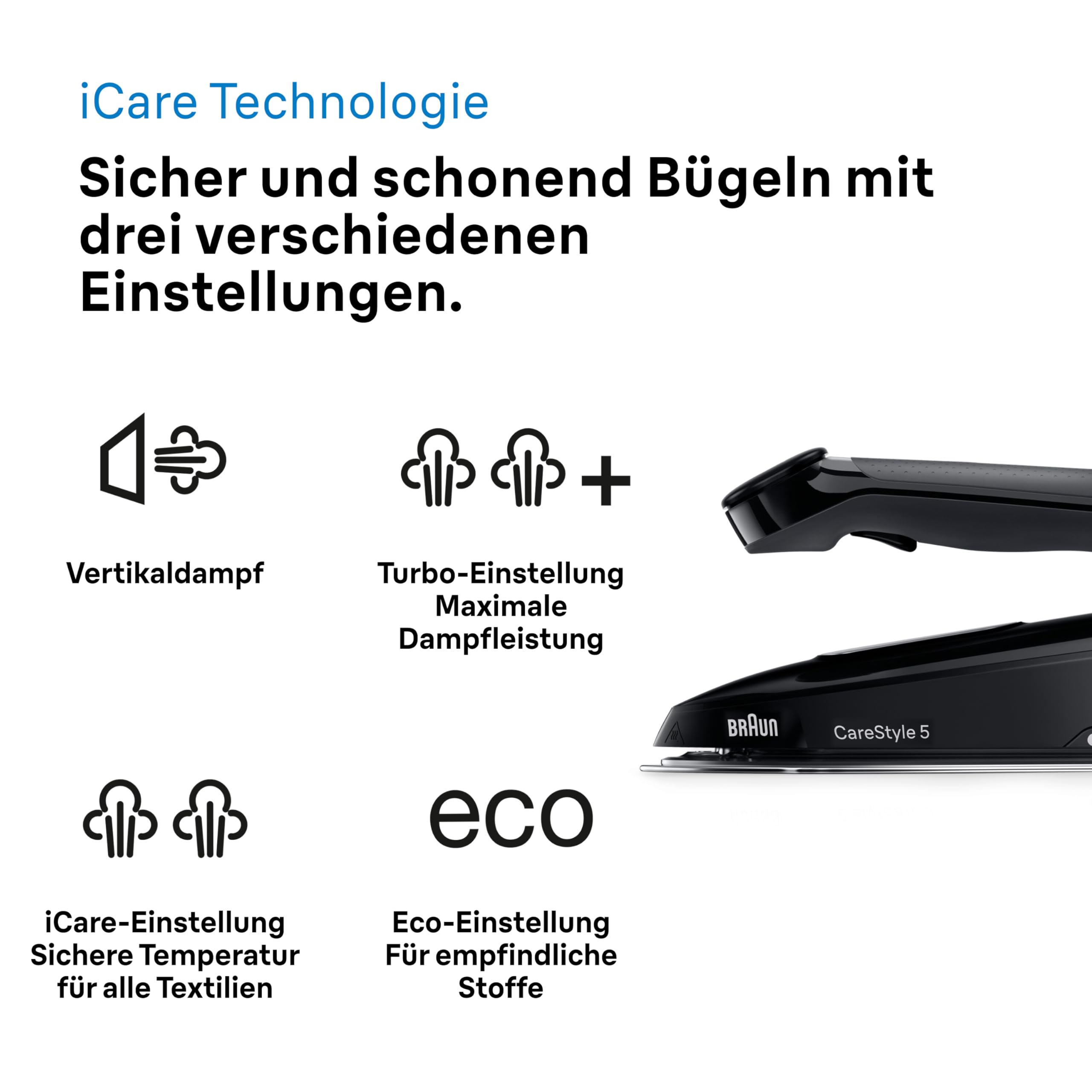 Braun Dampfbügeleisen CareStyle 5 IS5249BK mit FreeGlide 3D, 150 g/min Dampfleistung, schnelle Aufheizung, iCareMode, vertikales Bügeln, Anti-Tropf-Funktion, abnehmbarer Wassertank 2L, 2400W, Schwarz