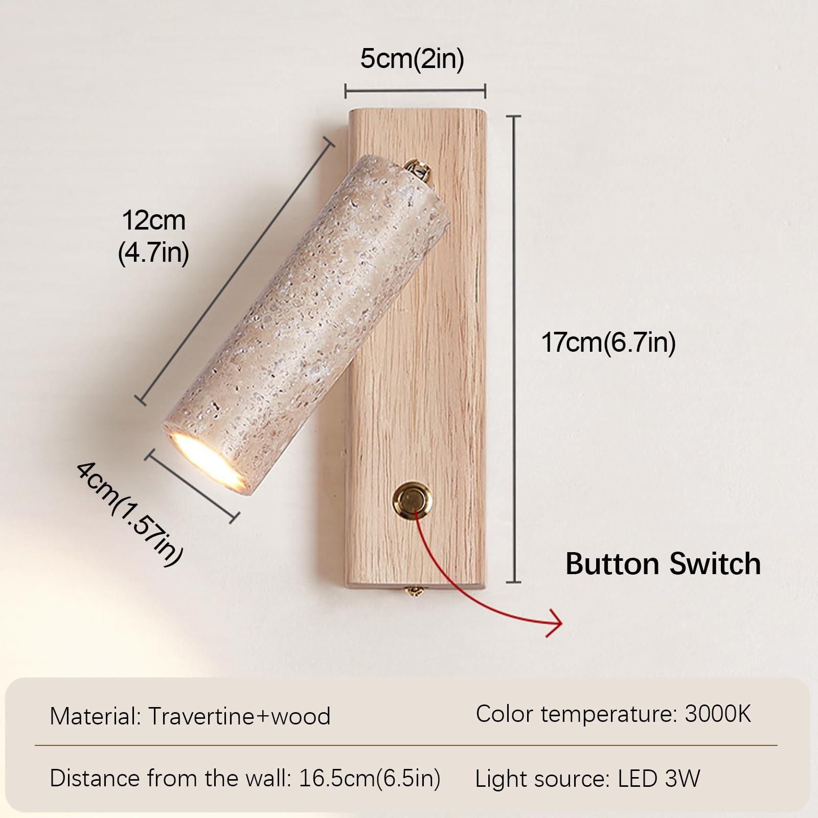 Apliques de Pared Modernos Interior Lámpara de Pared de Travertino Amarillo Natural de 3W Luz de Lectura LED de Montaje En Pared Luz de Pared de Mármol Ajustable con Interruptor de Encendido/Apagado