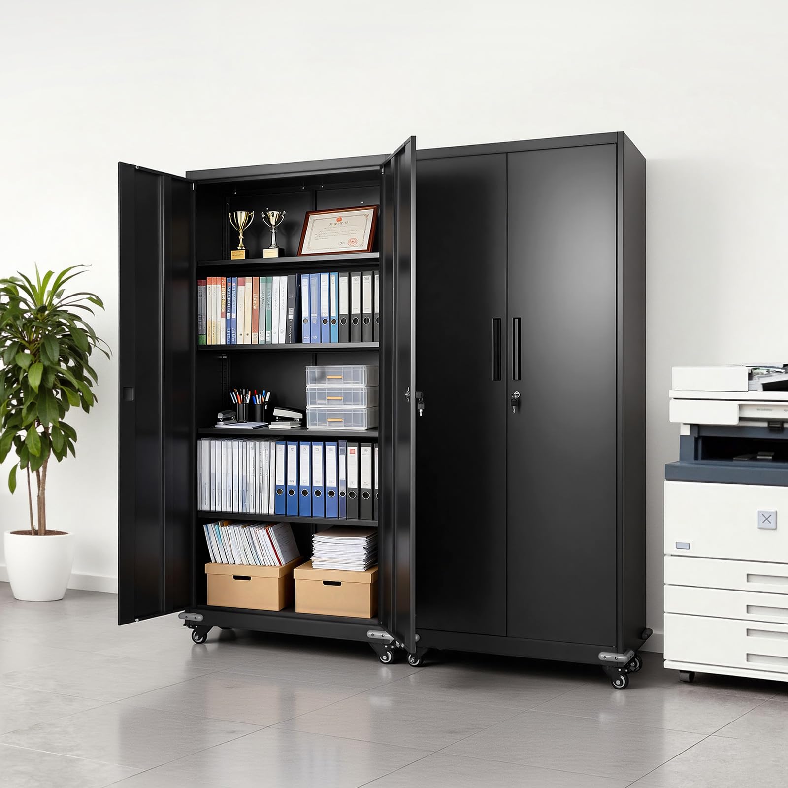 VEVOR Armoire Métallique 184,5 cm 5 Niveaux, Meuble de Rangement en Acier Verrouillable, pour Outils Atelier Bureau, sur roulettes, avec 4 Étagères Réglables, 2 Portes Magnétiques et 2 Clés, Noir