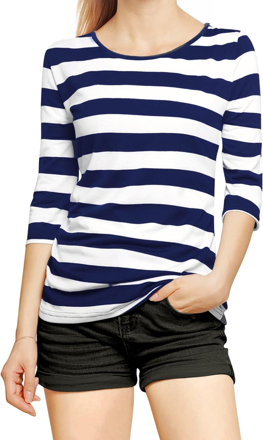 Allegra K Women's Elbow Sleeves Top Round Neck Slim Fit Basic Tee Casual Printed T-Shirt