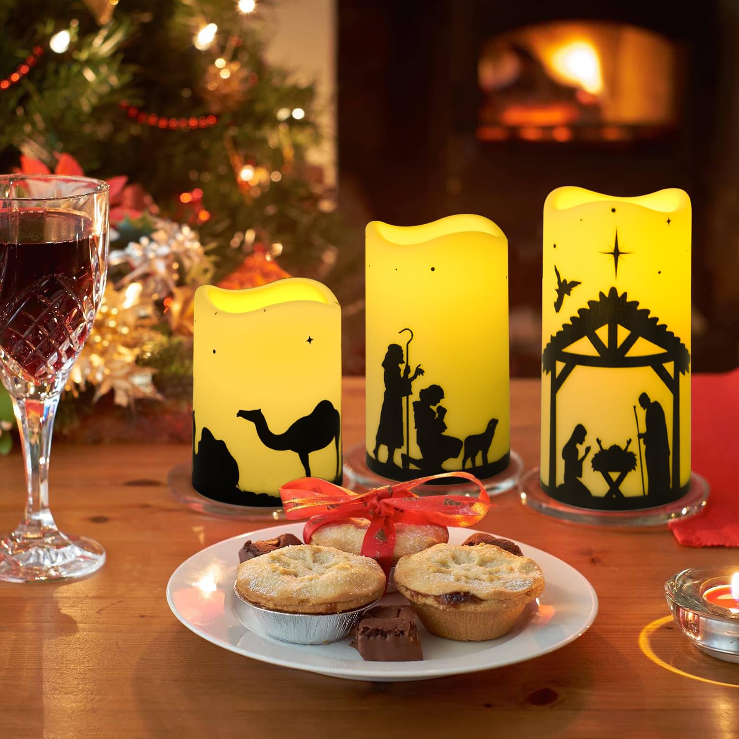 Oneihomm 5 Pack Christmas Flameless Candles with Timer, Nativity Scene