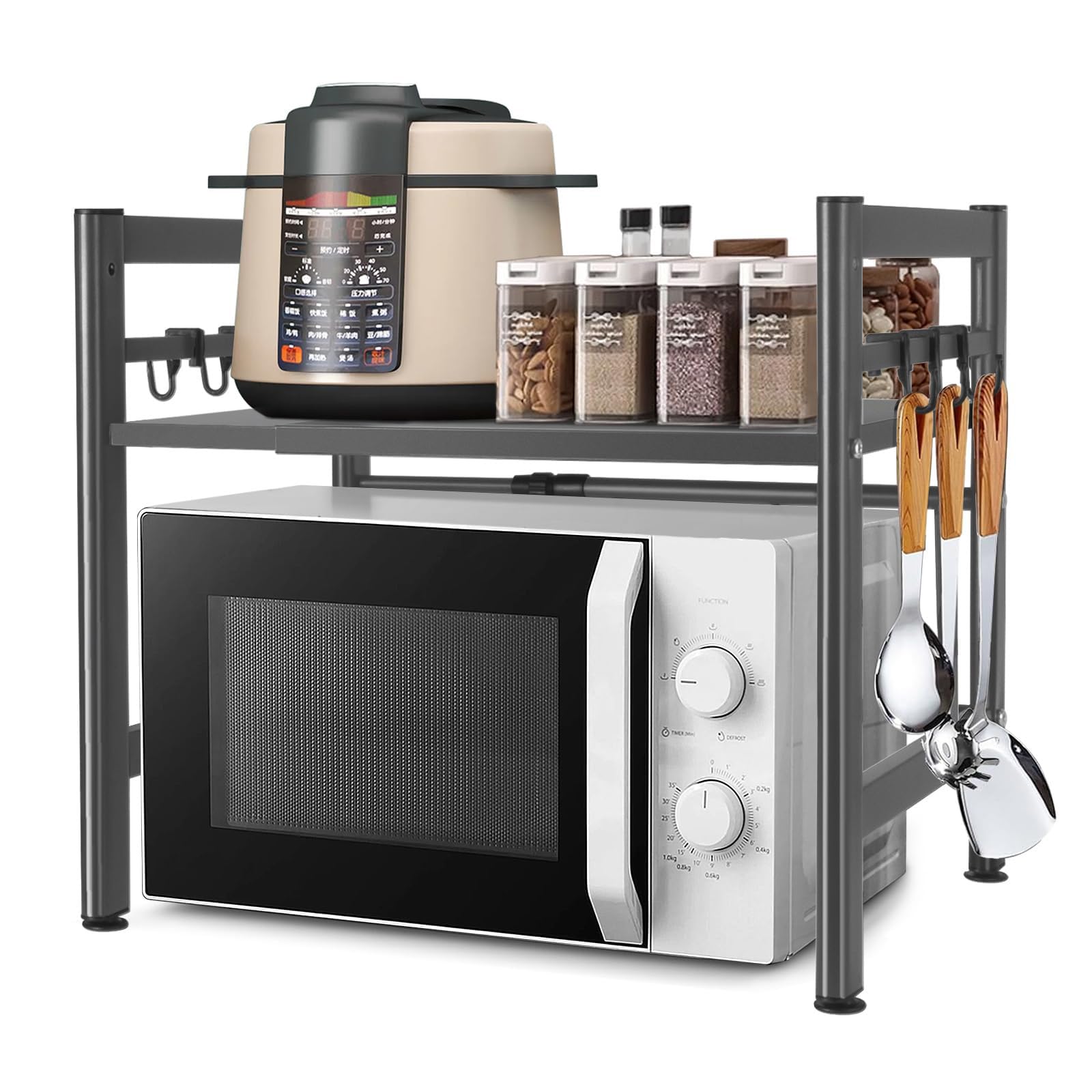 Extendable Microwave Shelf, Kitchen Shelf, Freestanding, Microwave, Standing, Kitchen Organizer, with 6 Hooks, for Kitchen Countertops