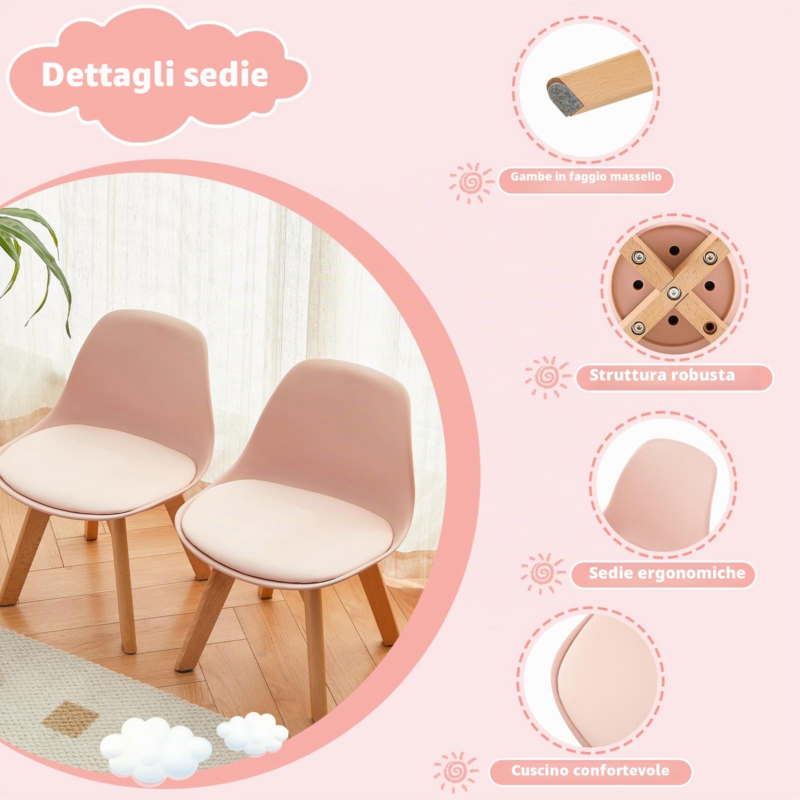 Set di 2 Sedie per Bambini Con Gambe in Legno, Sedia Piccola in PP+PU Con Schienale per Cameretta, Sedia da Scrivania Ideale da 1 a 6 Anni, Rosa