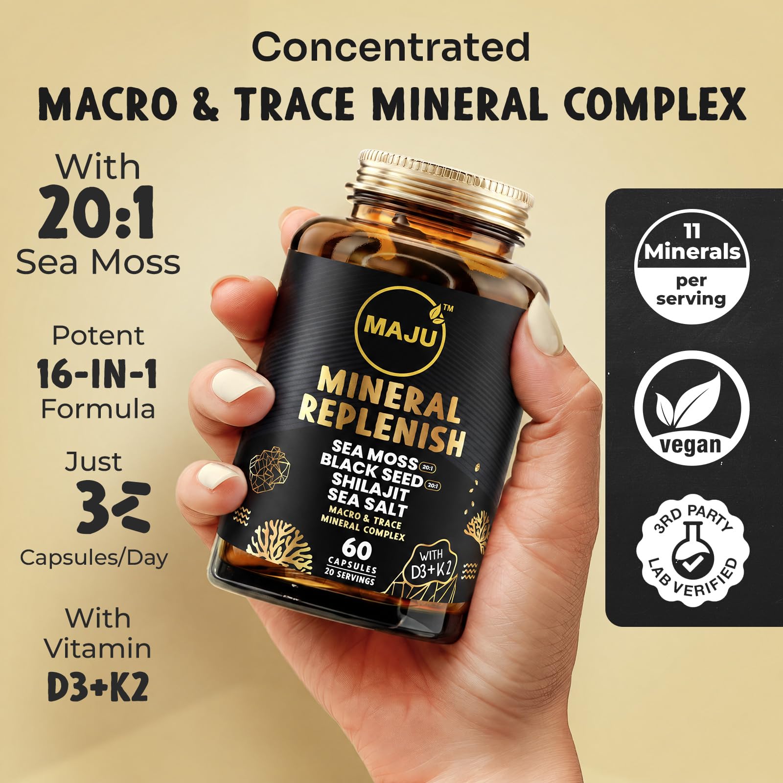 Maju Superfoods 16-in-1 Sea Moss, Black Seed, Shilajit, Sea Salt + D3 & K2, Macro & Trace Mineral Complex with Magnesium, for Men & Women Mineral Electrolytes Supplements — Amazon image 2