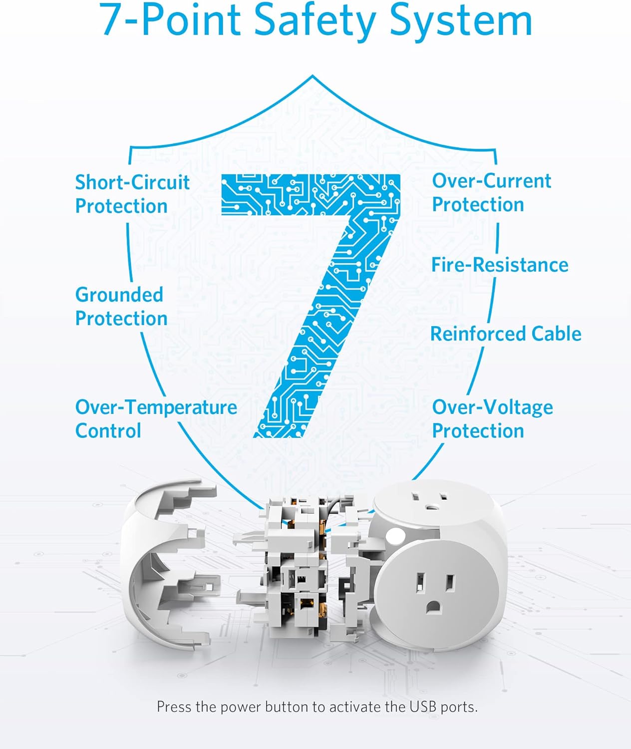 Diagram illustrating the 7-Point Safety System of the Anker PowerPort Cube, including overload, fire-resistance, and grounded protection.