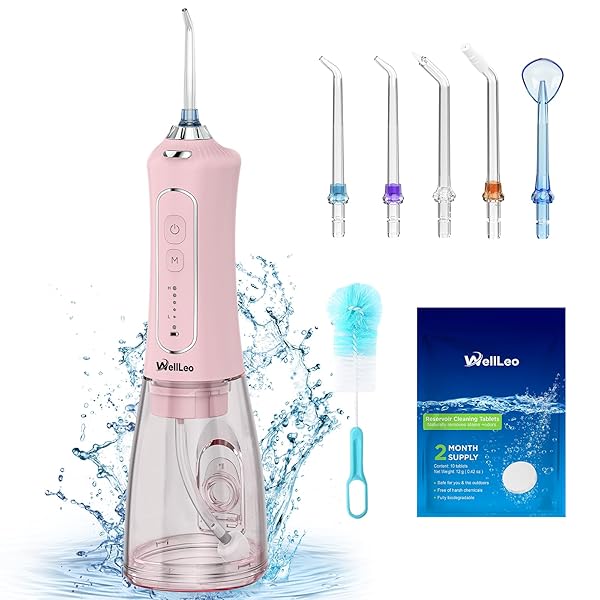 WellLeo Water Flossers for Teeth, 300ML Cordless Oral Irrigator Rechargeable Dental Flosser Picks with 5 Modes 5 Jet Tips,IPX7 Waterproof Teeth Cleaner for Braces Gum Care, Home Travel Use