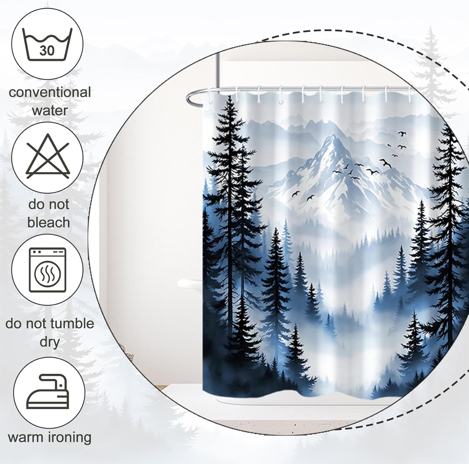 Blue Forest Pine Shower Curtain Mountain Birds Misty Scenery Shower Curtain Waterproof Fabric for Bathroom Decor 72x84 inch