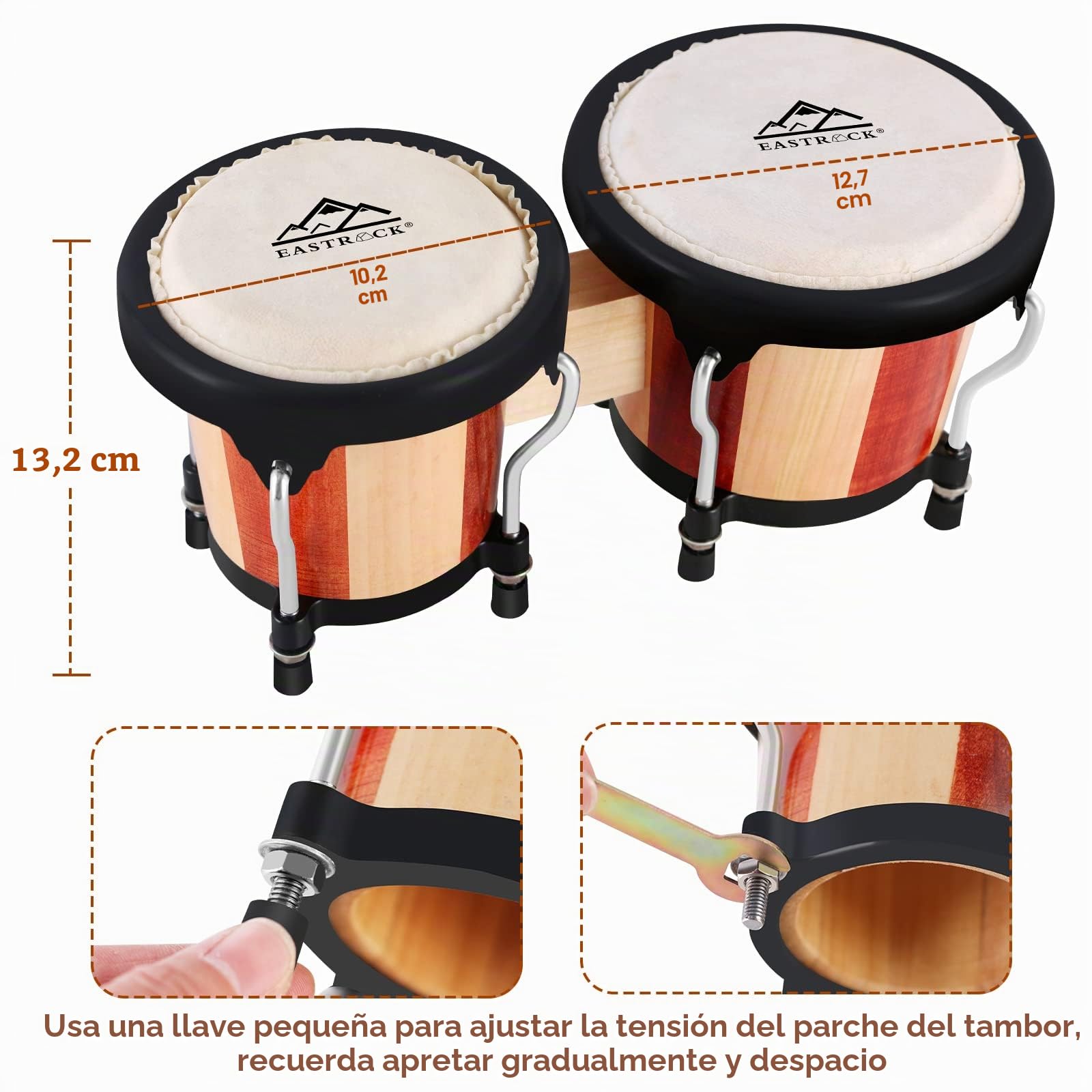 EastRock Bongo Drum - Juego de bongos de 4 y 5 pulgadas para adultos, principiantes, profesionales, instrumentos de percusión de madera y metal sintonizables con llave de afinación