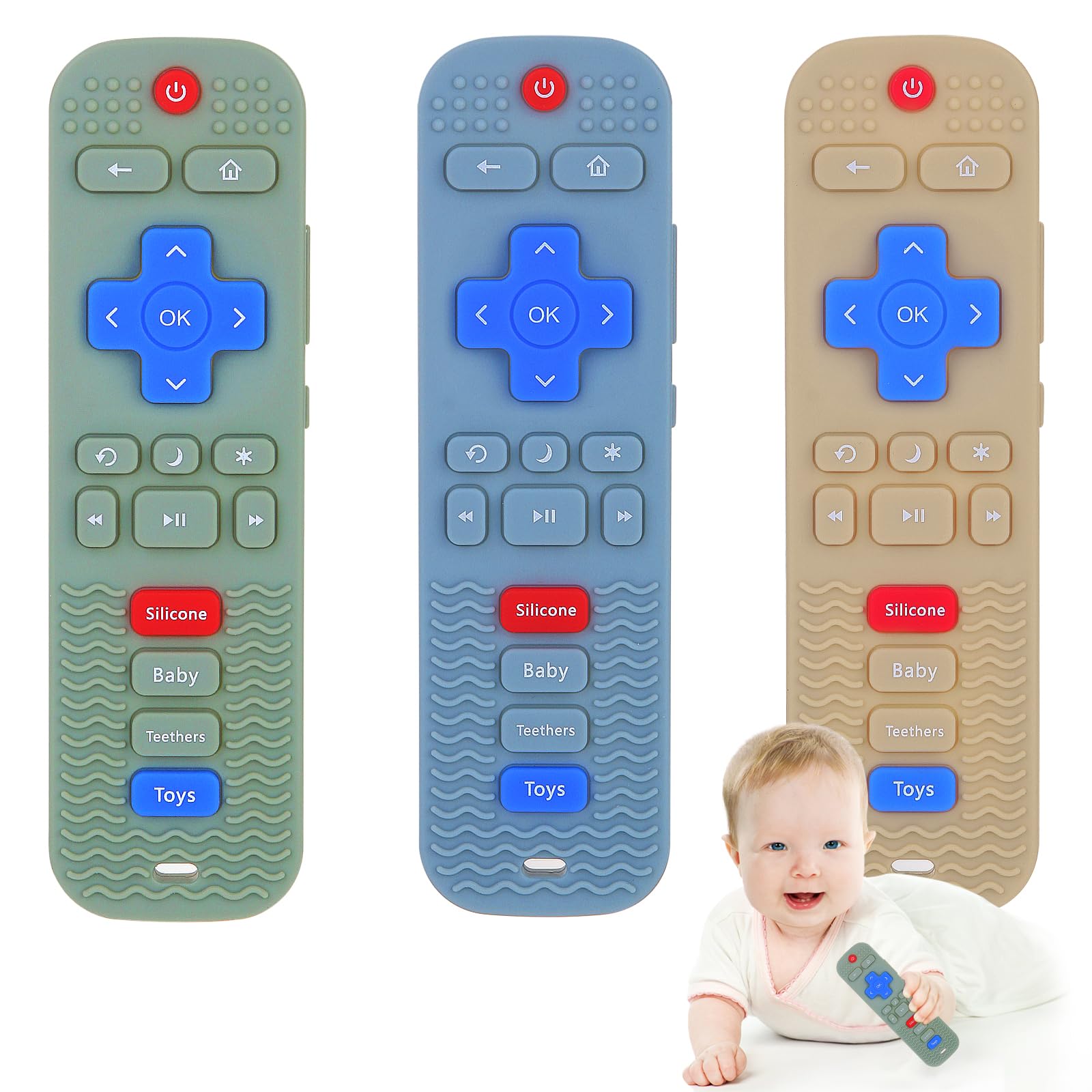 Eascrozn 3 Pack Baby Teething Toys, Silicone TV Remote Control Shape Teethers for Babies Toddler 0-24 Months Chew Toys, Teething Relief Baby Toys for