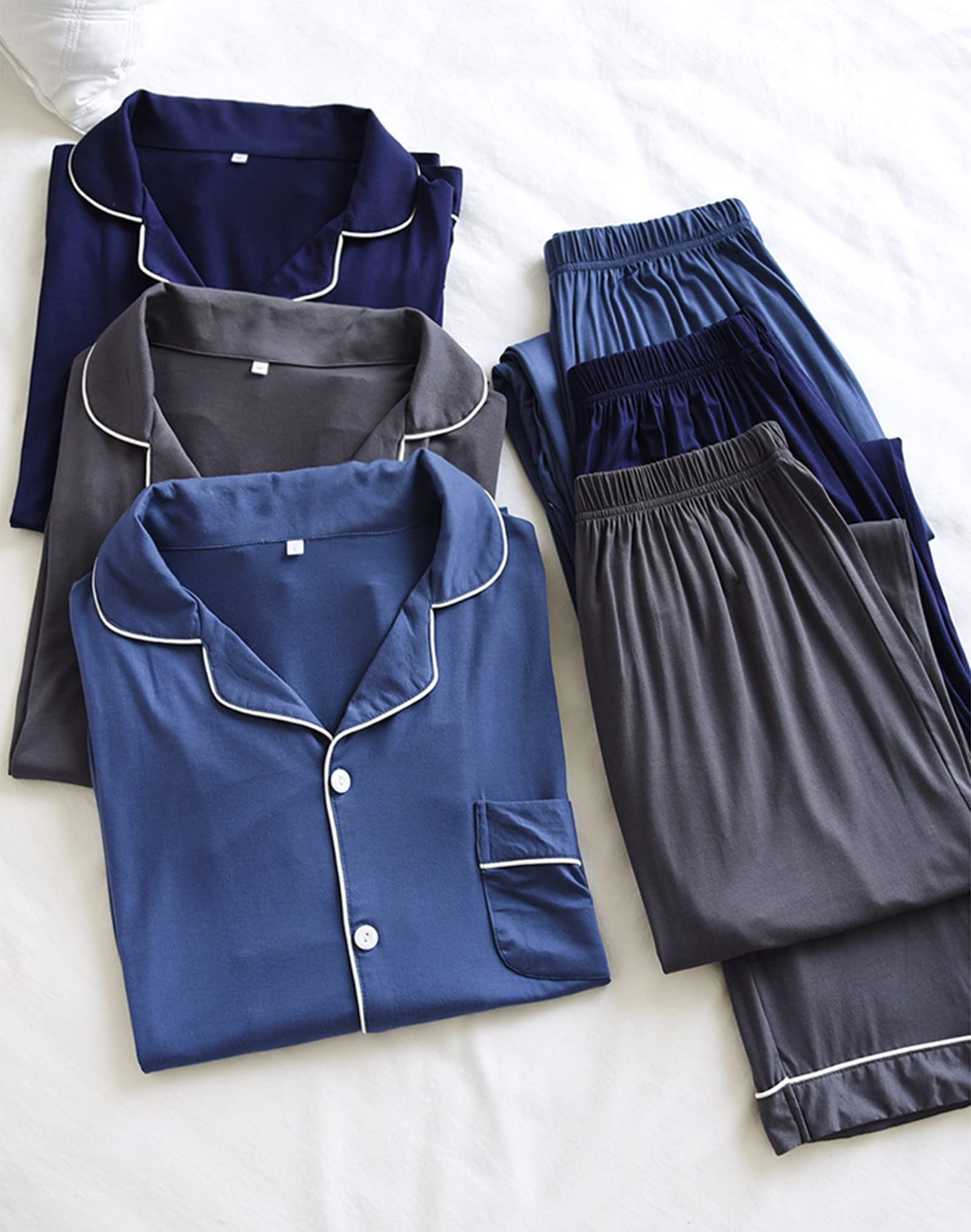Conjunto de Pijama para Hombres 2 Piezas de Modal Ropa de Dormir de botón de Manga Larga PJ Set