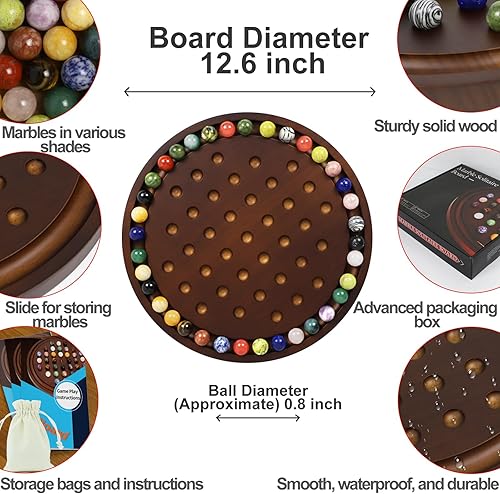 Miniatura 2 de Juego de solitario grande hecho a mano con 36 canicas de mármol natural, juego de mesa redondo clásico grueso para adultos (nogal, mediano)