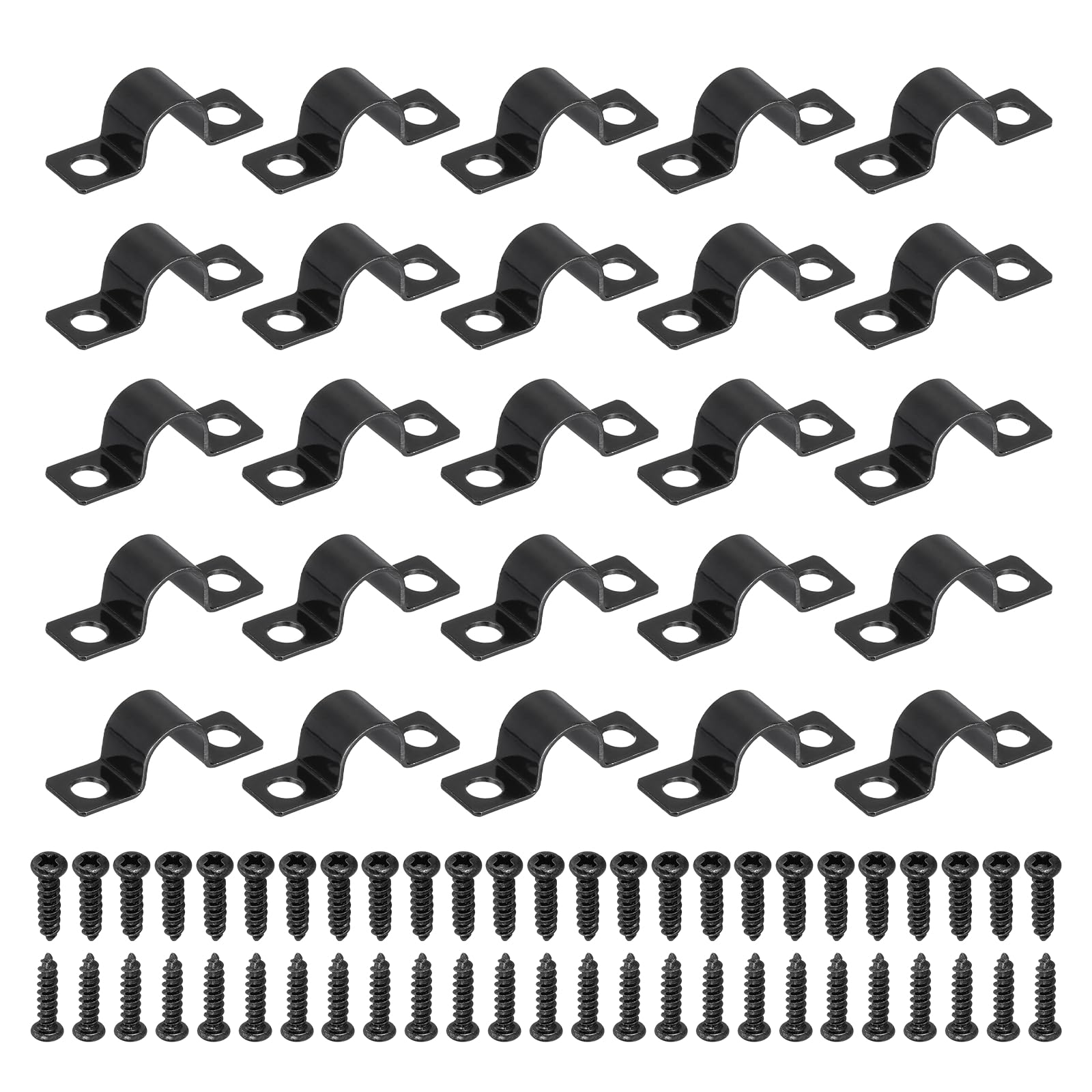 sourcing map 50Pcs 10mm(3/8") Two Hole Pipe Strap, Rigid U Brackets Conduit Clamp Heavy Duty Carbon Steel Pipe Strap Clip with Self-Tapping Screws for Fixing Tube Cable Wire Cord, Black