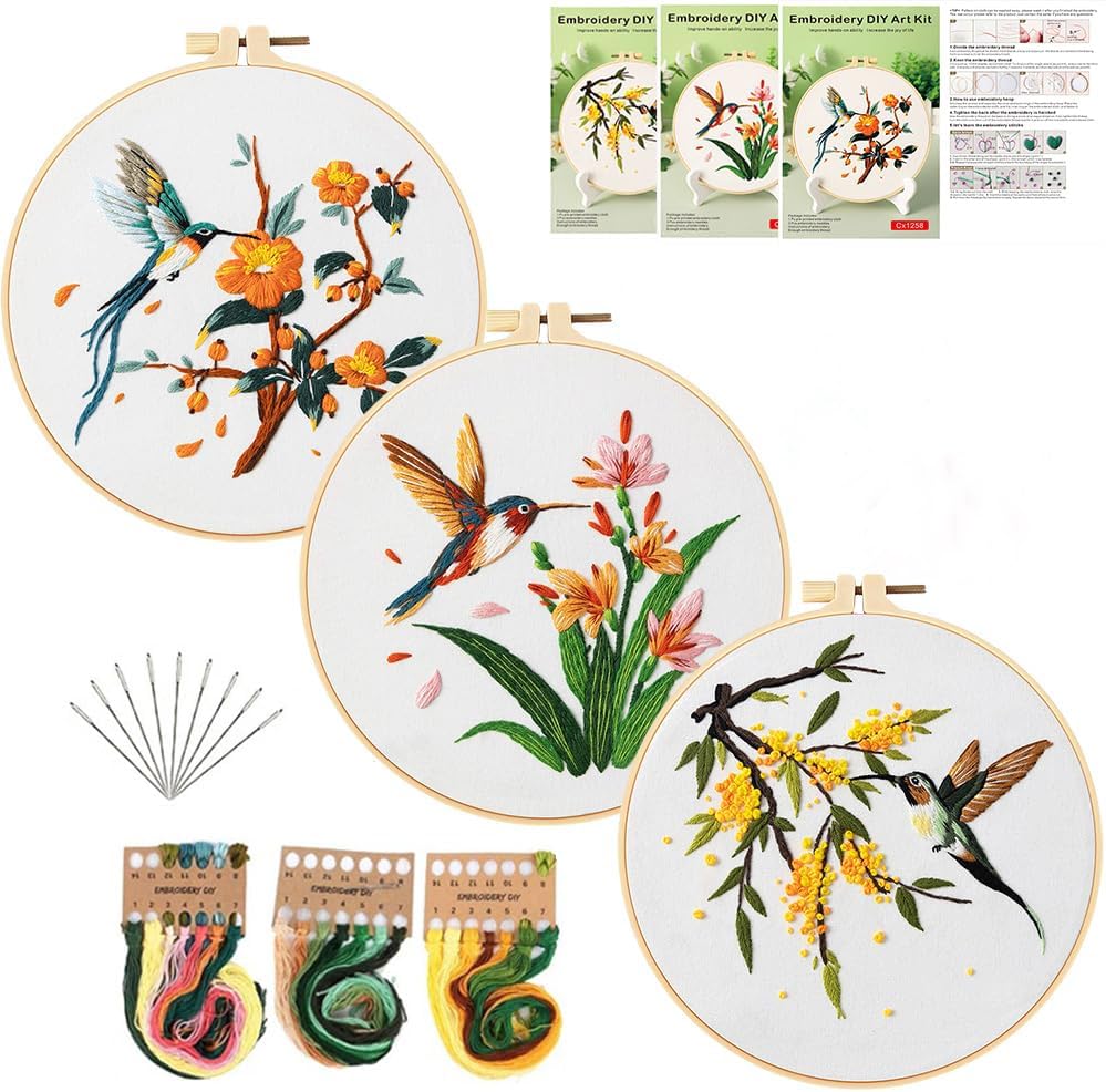 Image of GLTAYLMY 3 Pack Embroidery Kits for Adults, Hummingbird and Flower Embroidery Kit for Beginners with Clear Instructions,1 Plastic Embroidery Hoops, Stamped Patterns, Colorful Threads, Tools