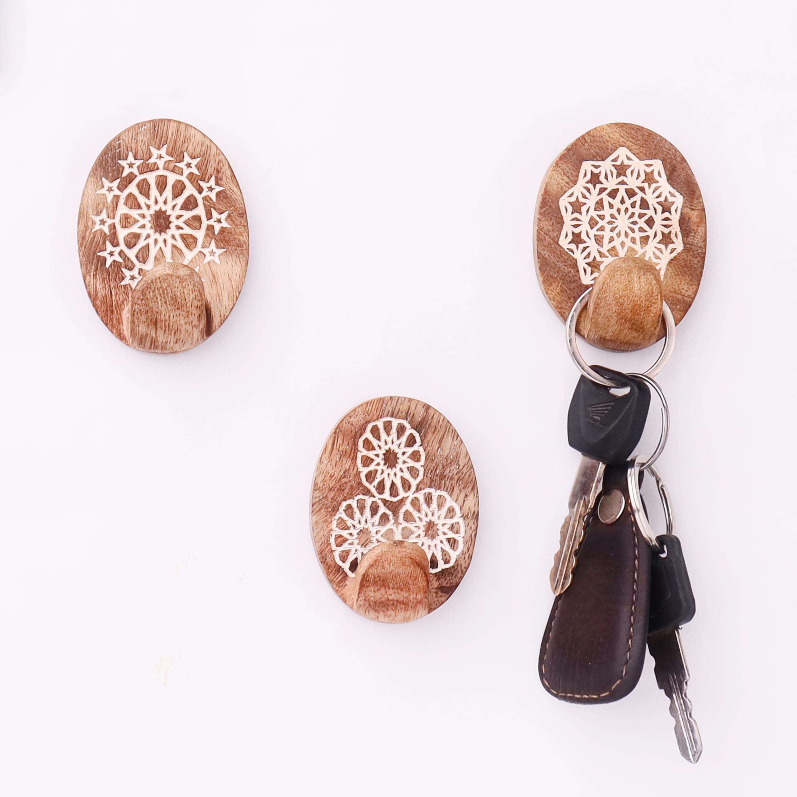 Indian Shelf 3 Hooks, 6 Strips Wood Adhesive Wall Hooks- Decorative Hooks for Hanging- Boho Sticky Coat Hook Wall Mount- Wooden Towel Hooks for Bathroom-image-36