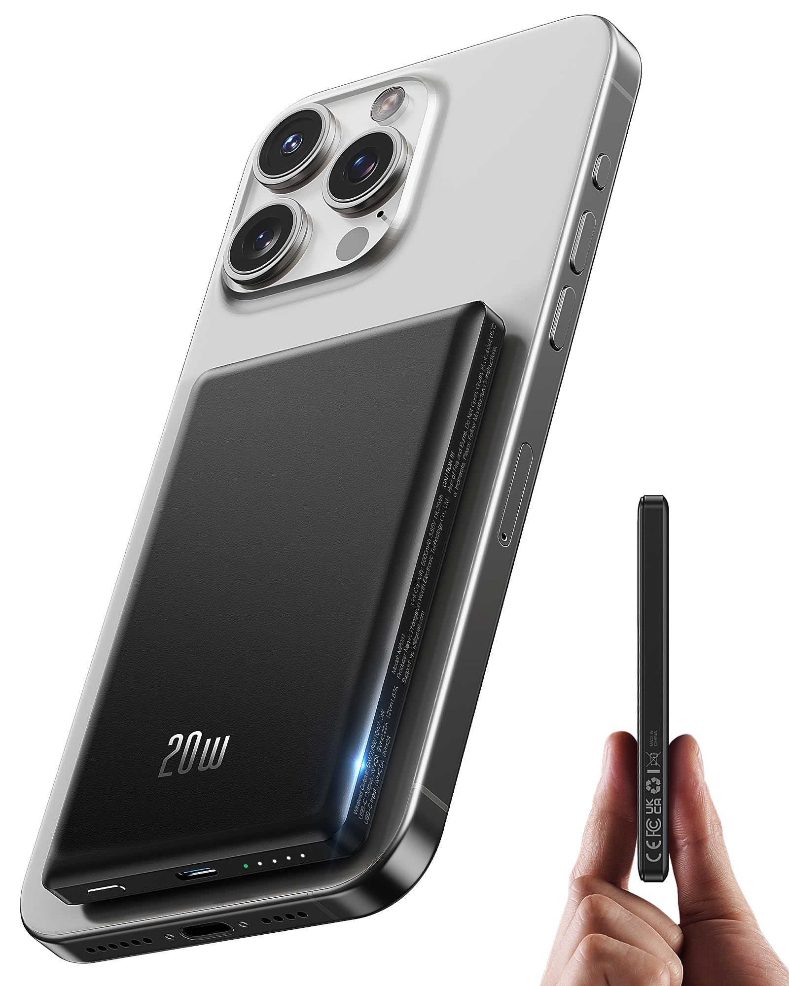 for Magsafe Battery Pack, Ultra Slim Wireless Portable Charger 5000mAh, 20W PD Magnetic Power Bank Fast Charging USB C in&Out Powerbank for iPhone 16/15/14/13/12 Mini Plus Pro Max,Metallic Black