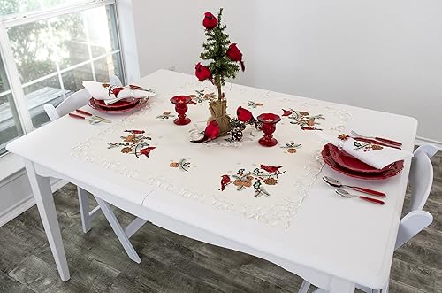 Miniatura 2 de Cardenales rojos bordados de Navidad y piñas de pino sobre mantel marfil, mantel pequeño (cuadrado de 33 pulgadas)