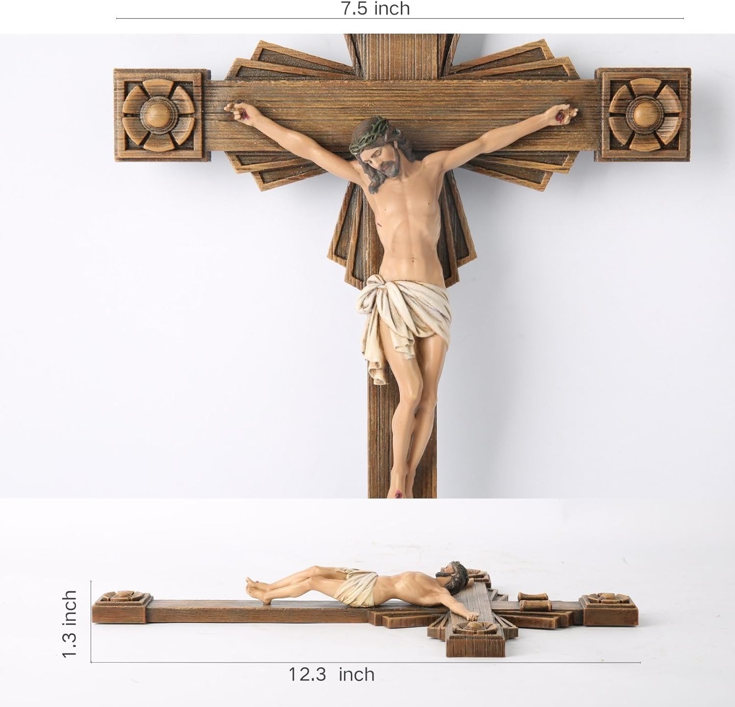 BC Catholic Crucifix Wall Cross, Jesus Christ Home Decor, Wood Carve Looking,12"H, Hand Painted by Buildclassic