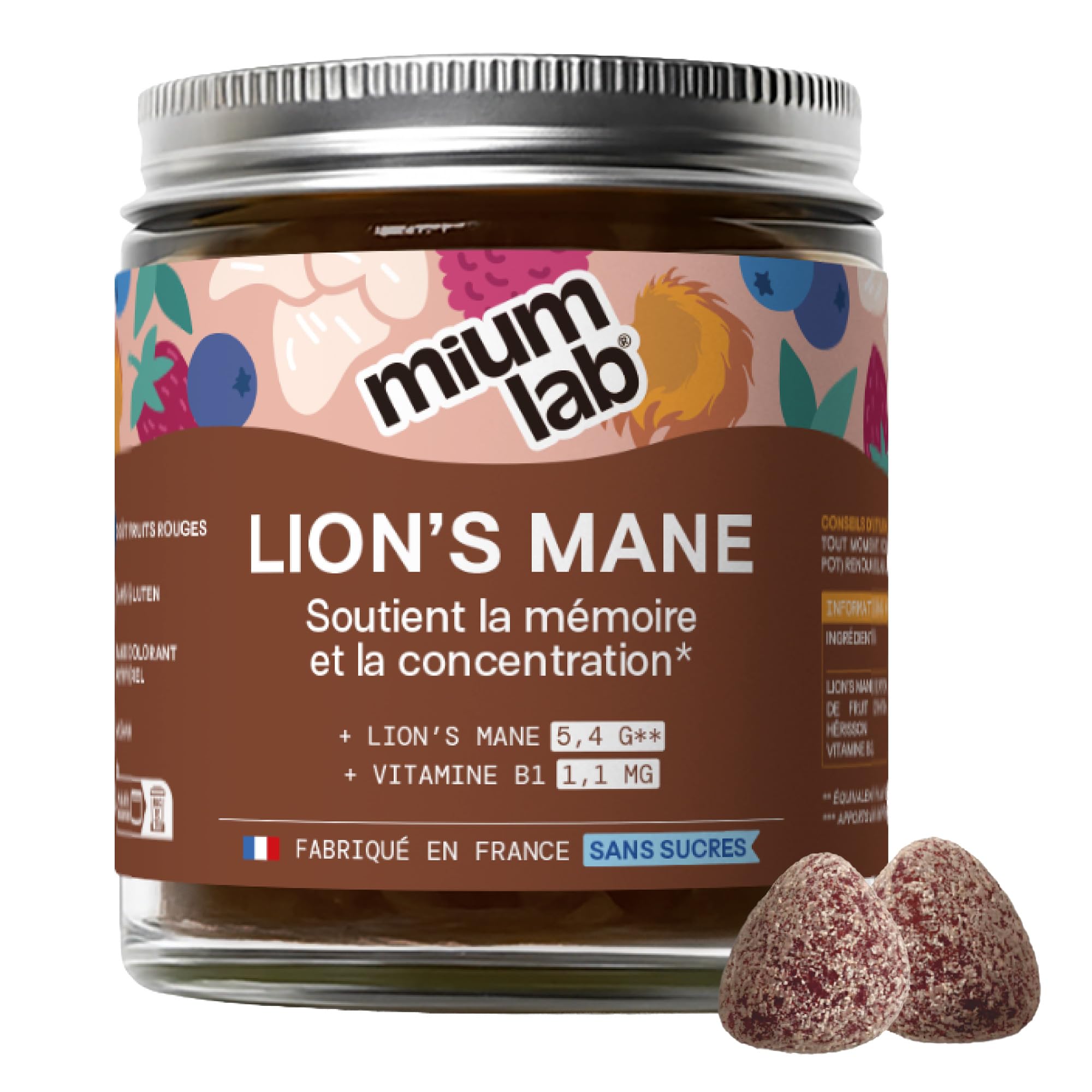Mium Lab – Lions Mane (Crinière de Lion) – Gummies sans sucre – Extrait 18:1 hautement concentré d’Hericium erinaceus – Complément alimentaire à base de champignon adaptogène – Fabriqué en France