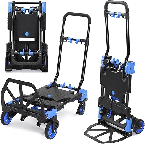 Winado Camión de mano plegable 2 en 1, carretilla de mano plegable de 330 libras, carrito portátil de altura ajustable con ruedas y mango retráctil