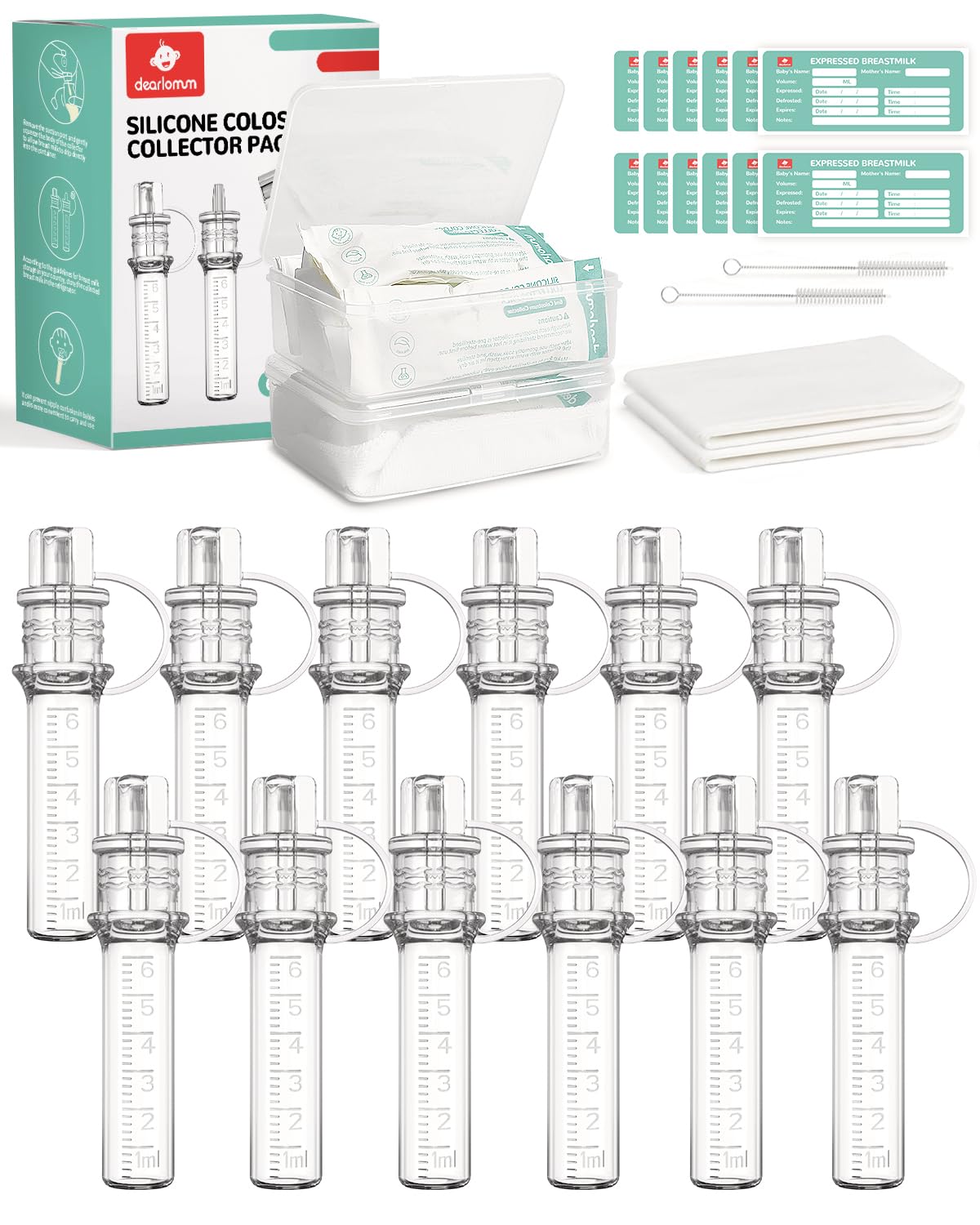 dearlomum Colostrum Collector Kit 6ml/12pcs,Reusable Breast Milk Collector with Storage Case and Cotton Wipe,Portable Colostrum Container BPA Free