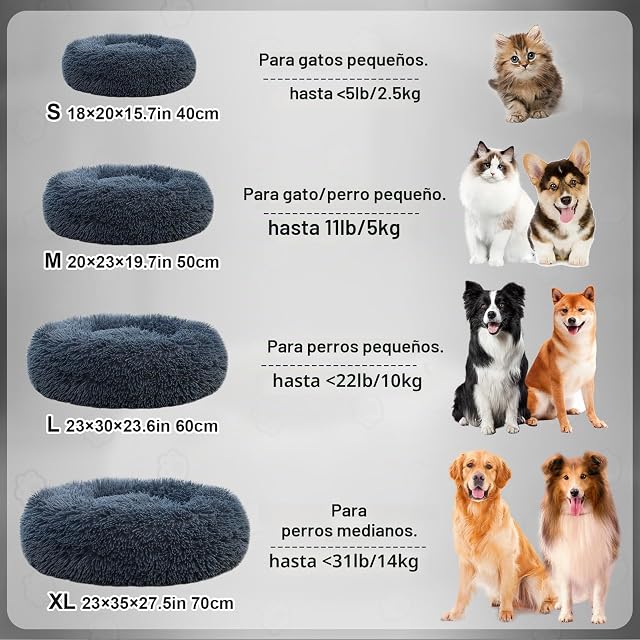 Foto 7 de 8 de Cama para Medianos Pequeños 70cm Redonda Lavable de Felpa Suave Gris Oscuro