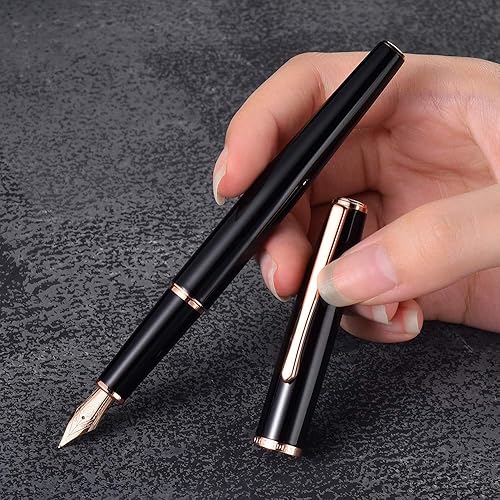 Vista 4 de HongDian 920 - Pluma estilográfica de metal negro, chapado en oro rosa, punta extrafina, pluma de escritura suave, bolígrafo clásico con convertidor