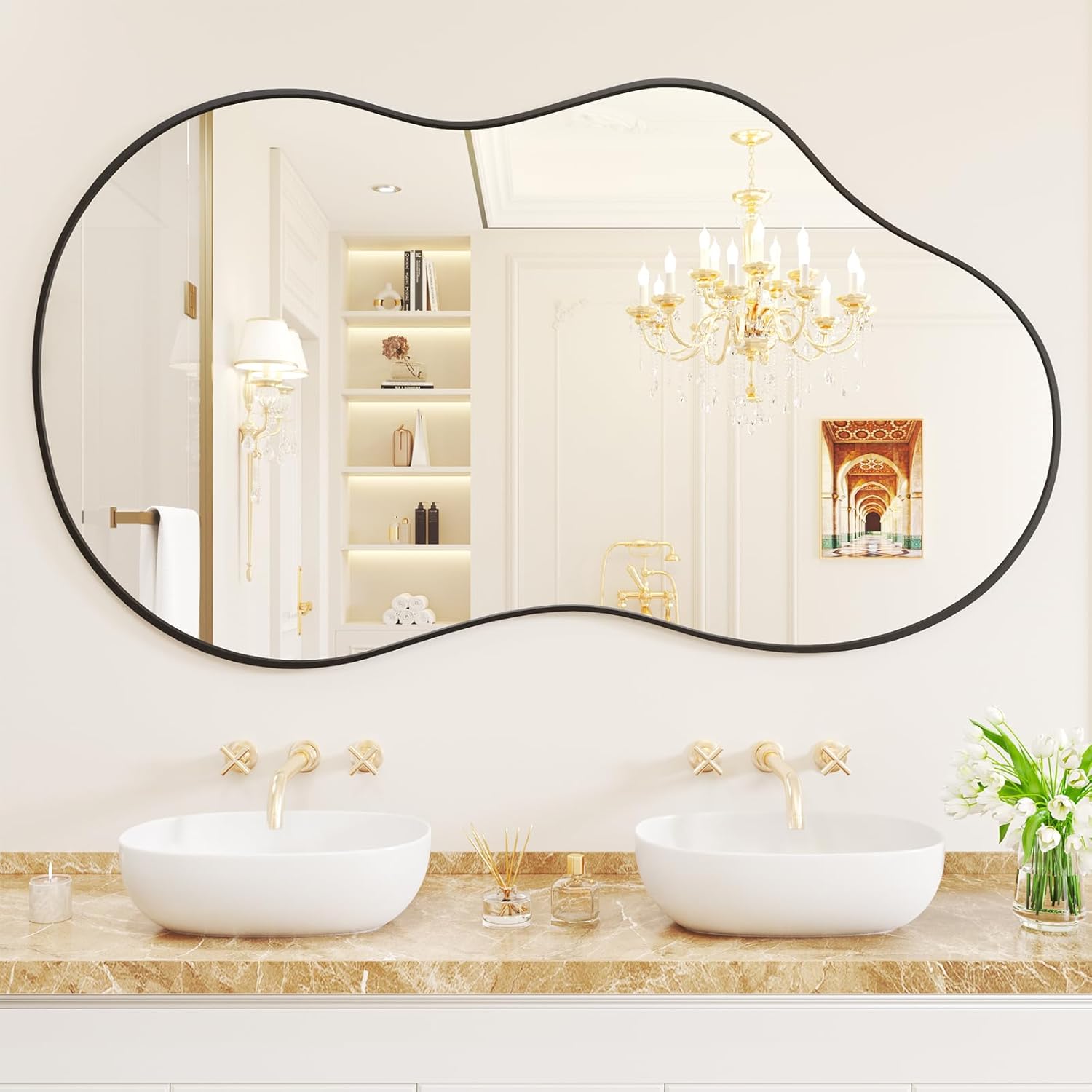 (Similar to) WEER Irregular Wall Mirror, 26x46 inch Black Asymmetrical Mirror Wall Mounted Mirrors Decorative, Abstract Wavy Aluminum Alloy Frame Mirror for Bathroom, Bedroom, Living Room, Entryway Black 46\"L x 26\"W