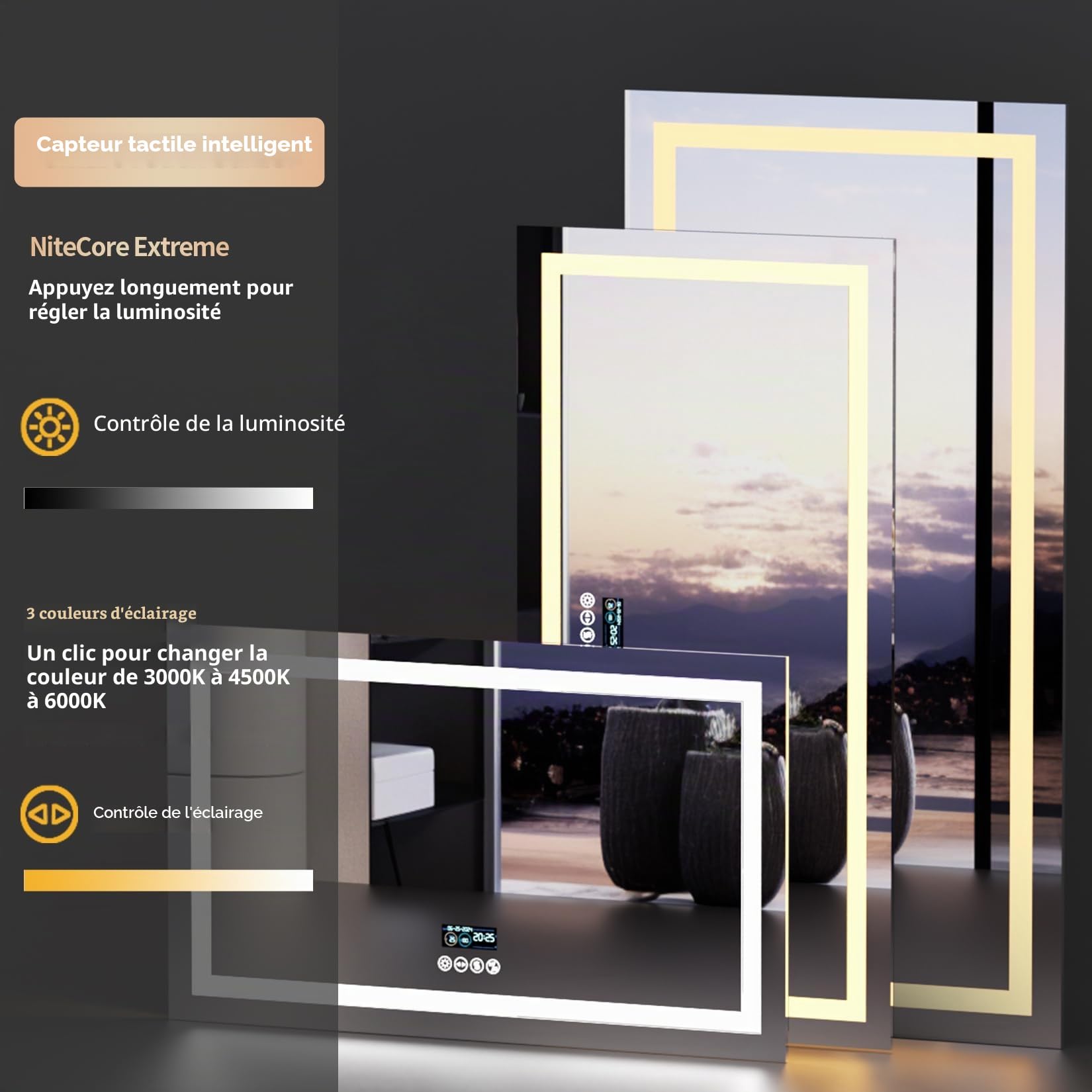 LUVODI Miroir Salle de Bain LED 120x60cm avec Bluetooth 5.2, Horloge, Éclairage Intégré, Rétroéclairage, 4 Boutons, Gradable, Connecté IP65, Mémoire Antibué
