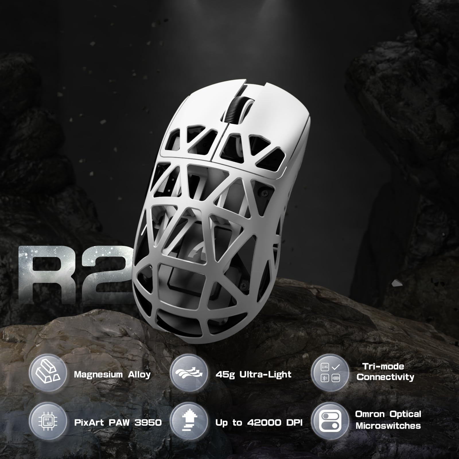 ATTACK SHARK R2PRO 45g SUPERLIGHT Gaming Mouse in Lega di Magnesio, PixArt PAW3950, 42000DPI, Wireless 8000Hz Tasso di Polling, G502 Mouse da Gioco, 2.4G/BT/Cablato, con Cavo a Spirale, PC/Mac, Bianco