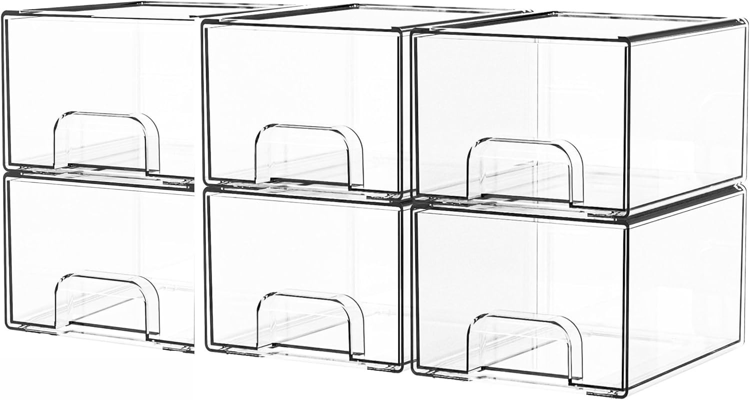 Yieach 6 Pack Small Stackable Storage Drawers,4.4 Inch Tall Stacking Acrylic Clear Storage Bins for Bathroom Vanity,Undersink,Pull Out Drawer Organizers for Beauty,Makeup,Medicine Cabinet Organizers