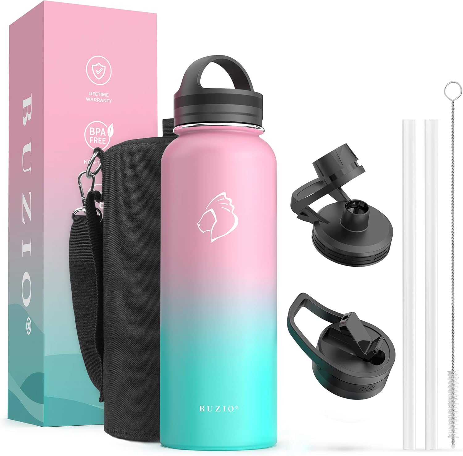 BUZIO 40 oz Water Flask, Insulated Water Bottle with Straw Lids