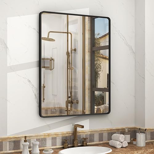 Miniatura 54 de OKPAL Espejo de Baño con Marco de Metal Negro de 40 x 36 Pulgadas para Pared, Espejo de Tocador de Baño Negro Mate, Espejo Rectangular Redondeado