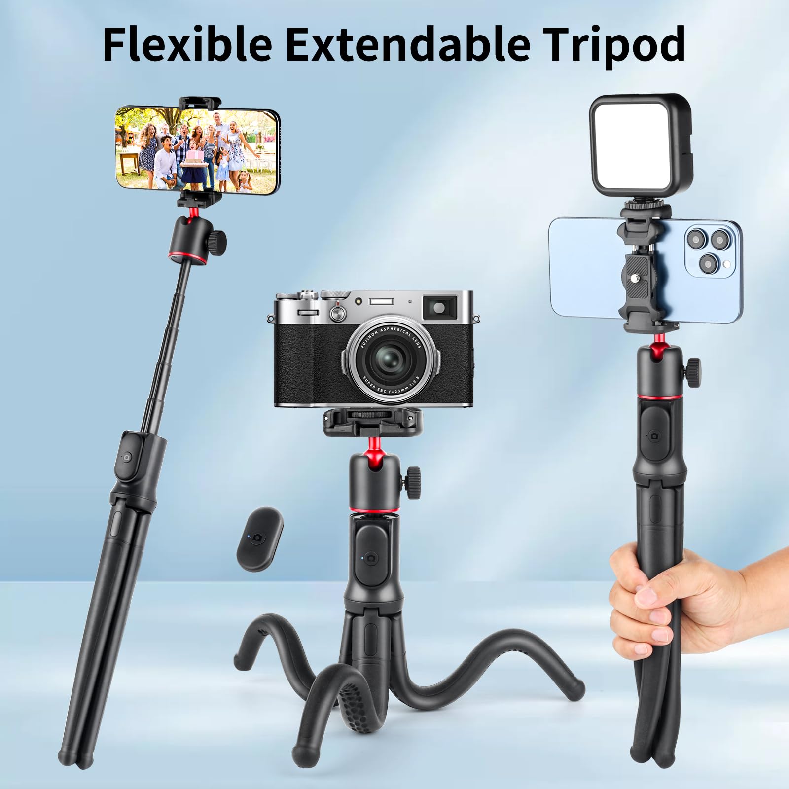 Camnoon Treppiede Flessibile Octopus Per Selfie – Estendibile Fino A 60 Cm, Supporto Per Telefono E Vite 1/4", Con Telecomando Bluetooth