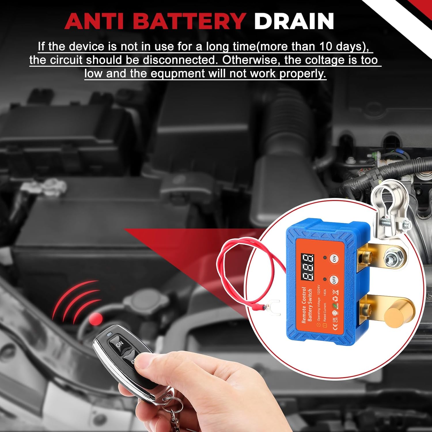 Remote Battery Disconnect Switch 12V/24V 140A with Led Voltage Display, Anti Theft and Battery Drain, Battery Kill Switch for Car, RV, ATV, Truck, Tractor, Boat