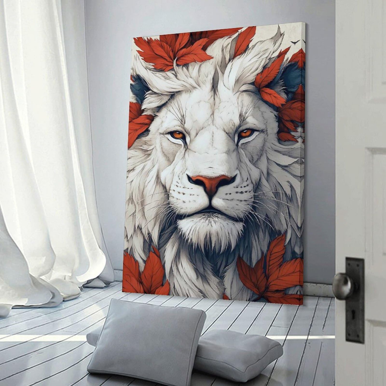 Junmoney White Lion with Autumn Leaves Portrait Wall Art Print, 16x24inch(40x60cm), for Entryway, Lounge Links Or Small Walls, Decorative Wall Art for Narrow Spaces