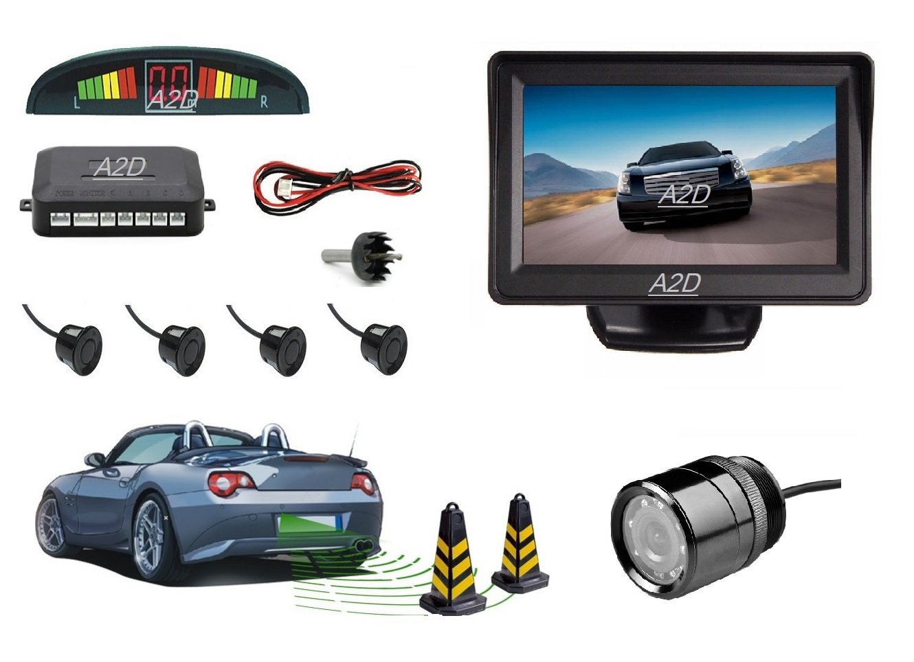 A2D LED Car Parking Sensor Black + Night Vision Reverse Parking Camera + Parking Camera Screen For Endeavour Type 1-image-1