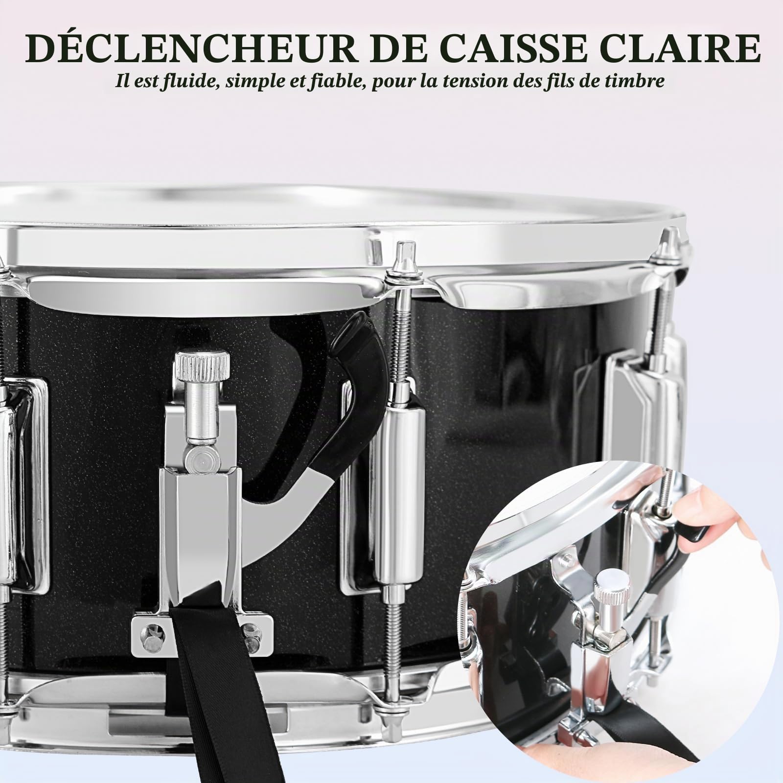 EASTROCK Caisse claire 35,6 x 14 cm pour étudiants, débutants avec sac de transport, baguettes, clé de batterie, Noir